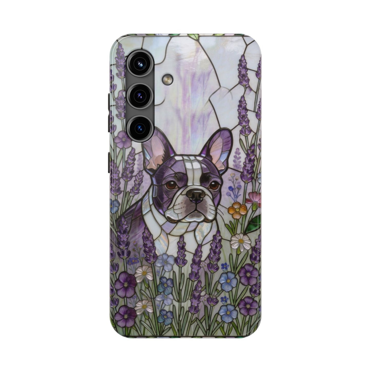 Frenchie Stained Glass Style Tough Case —Lavender Floral Theme