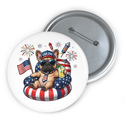 Button badge with a dog wearing sunglasses and an American flag hat, surrounded by fireworks and an American flag.