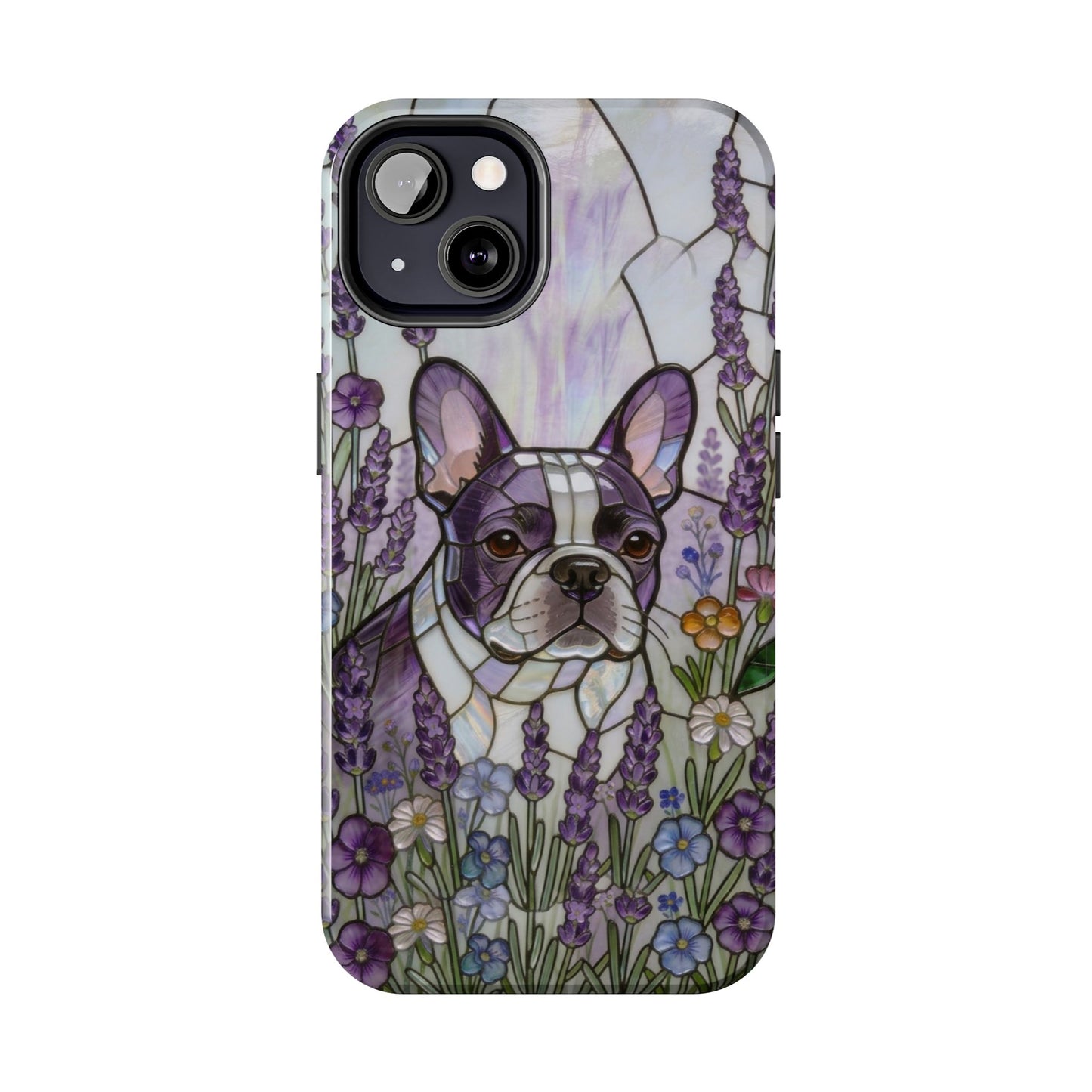 Frenchie Stained Glass Style Tough Case —Lavender Floral Theme