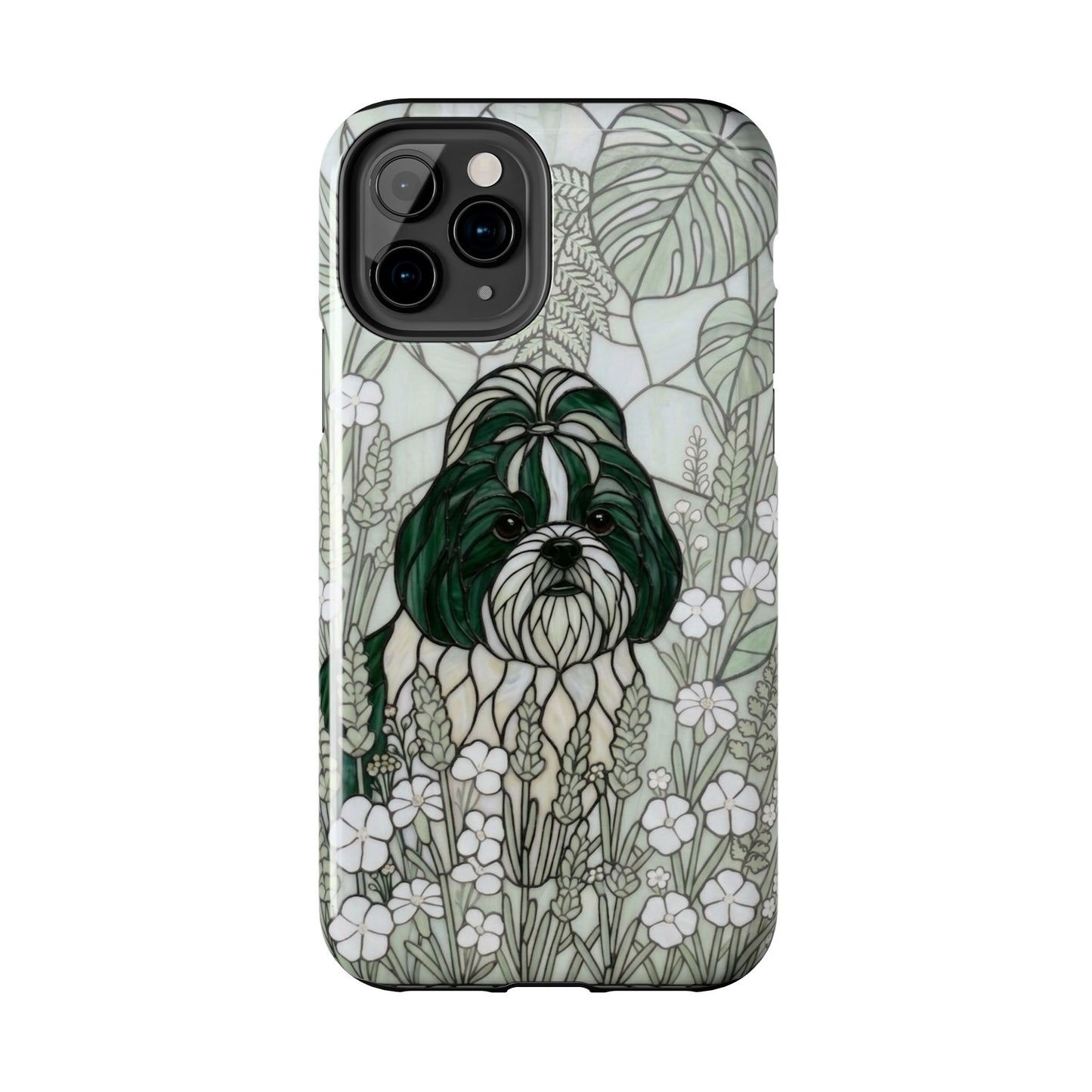 Phone case with a dog illustration and floral design on a white background