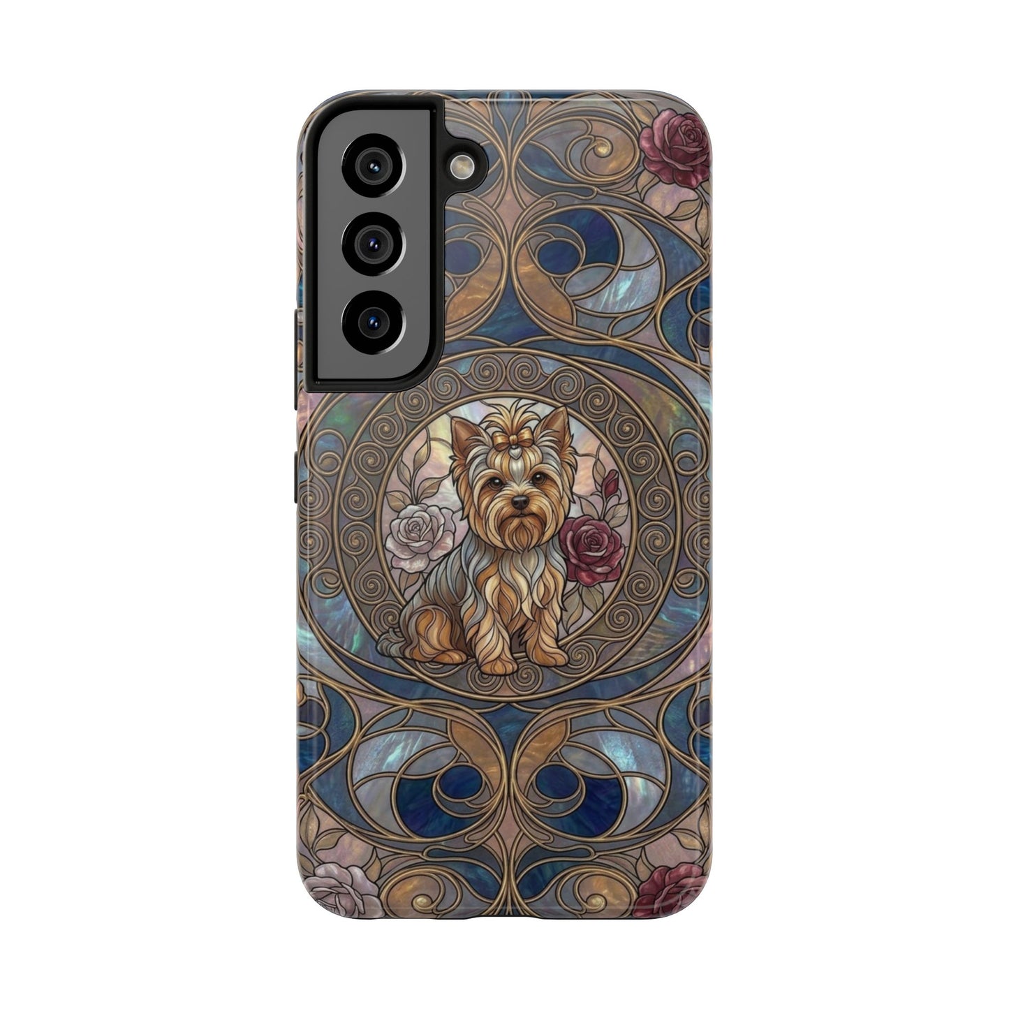 Yorkie Stained Glass Style Midnight Rose Tough Phone Case
