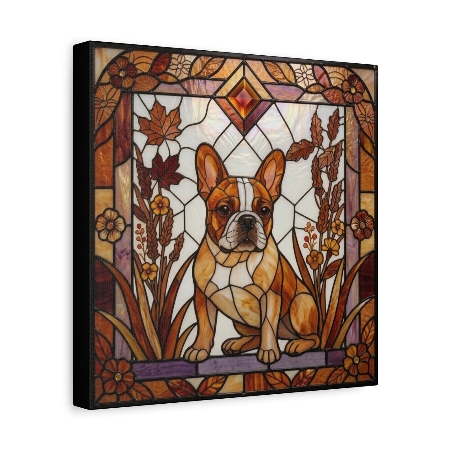 Stained glass-style artwork of a dog with a floral frame
