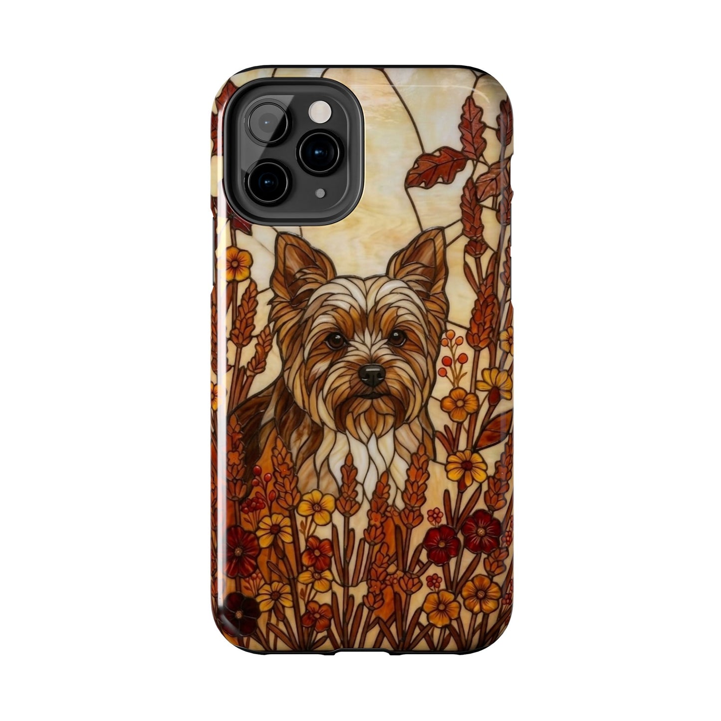 Phone case with a dog illustration in a floral pattern on a white background