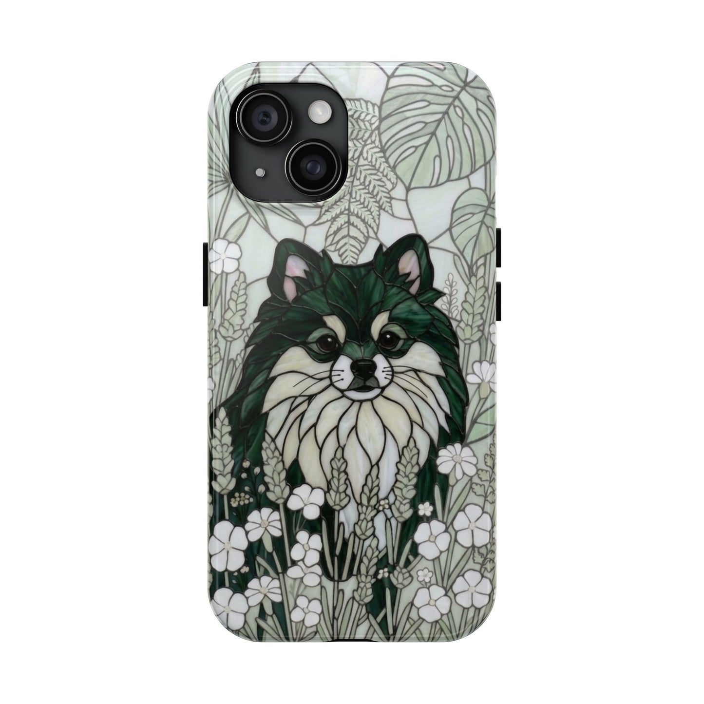 Pomeranian Stained Glass Style Tough Case — Botanical Green Theme