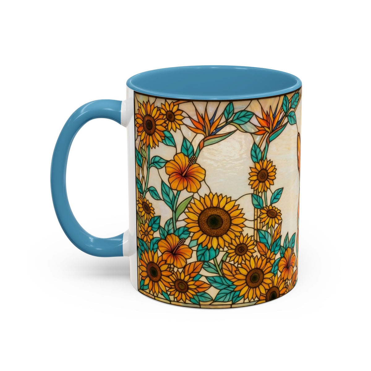 A ceramic mug with a blue handle and interior, featuring a wrap-around floral print of sunflowers and tropical birds on a cream background.
