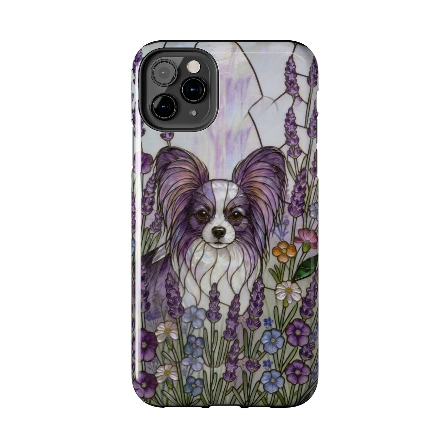 Phone case with a dog and floral design on a white background