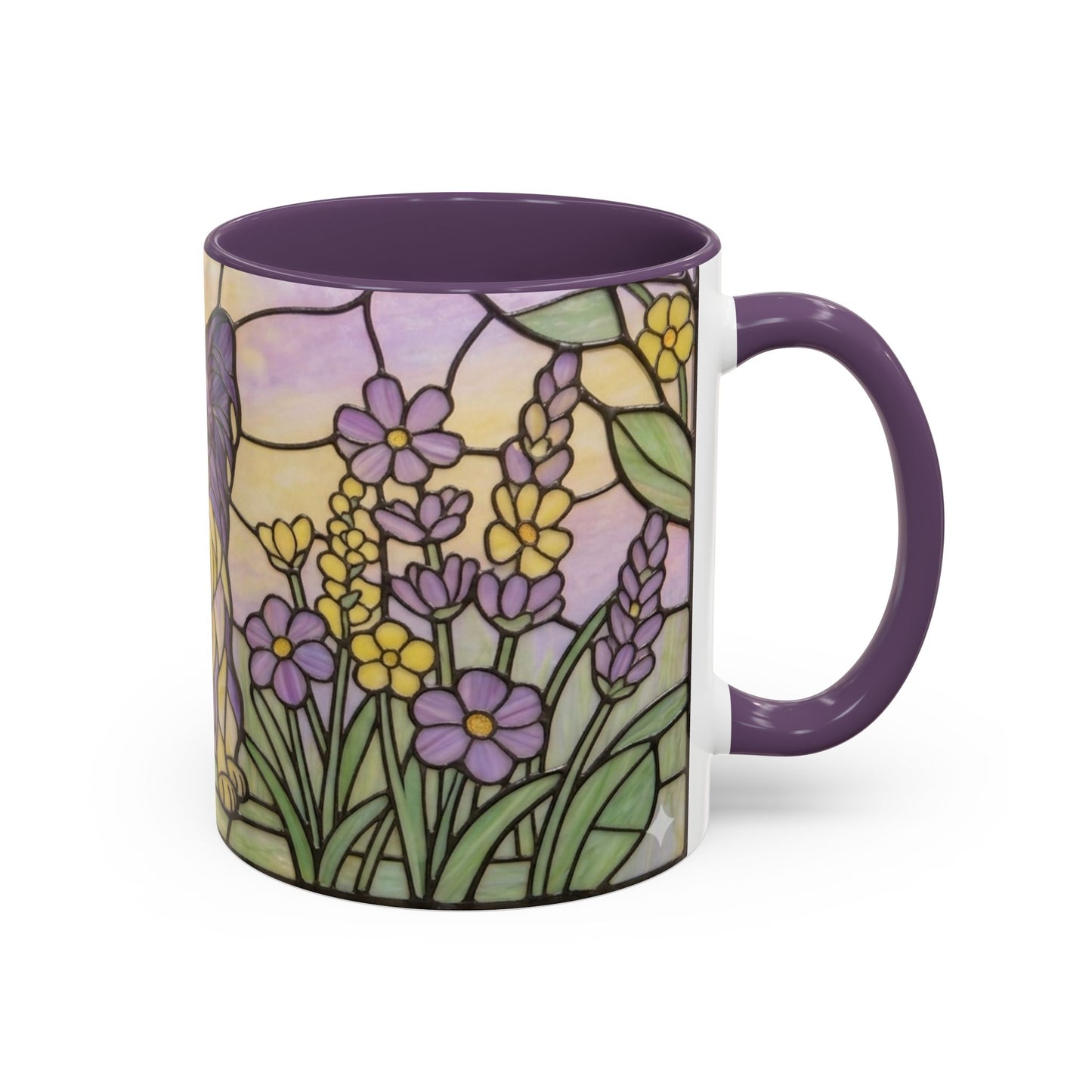 Mug with floral design and purple handle on a white background