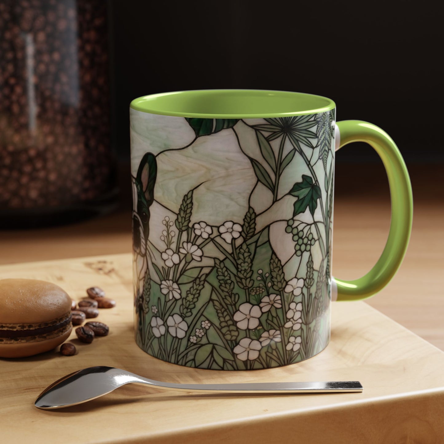 Stained Glass French Bulldog Coffee Mug — Botanical Green Theme