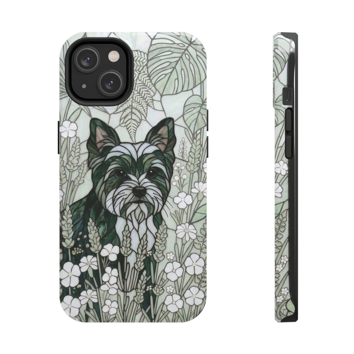 Yorkie Stained Glass Style Tough Case — Botanical Green Theme