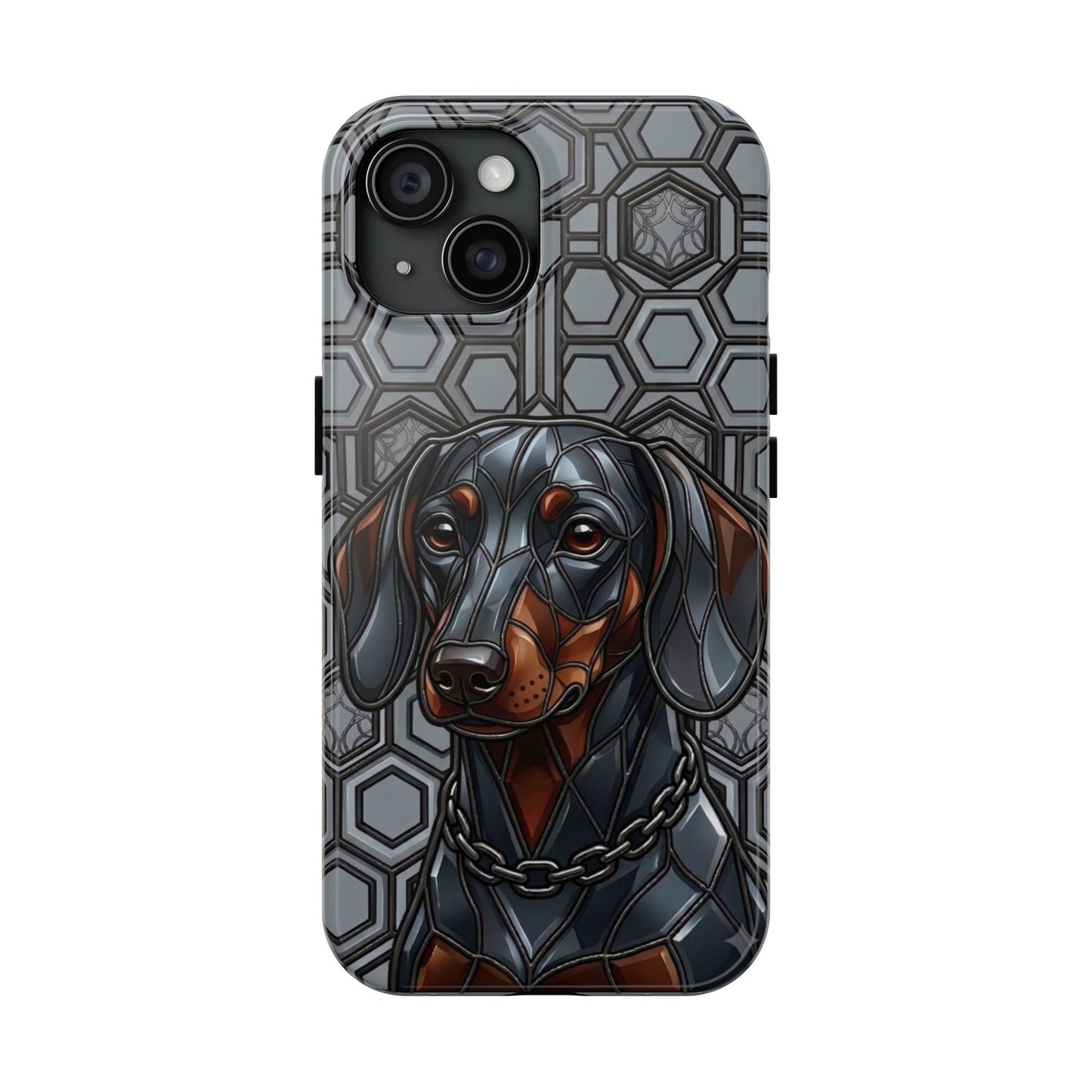 Phone case with a dachshund design on a geometric patterned background