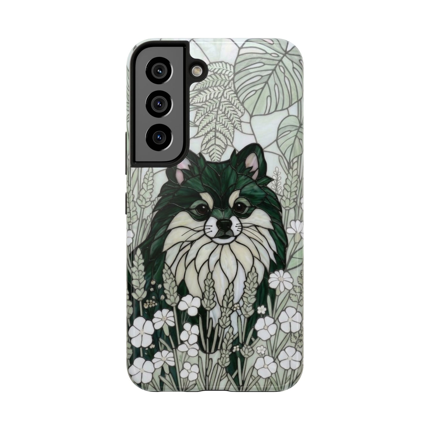 Pomeranian Stained Glass Style Tough Case — Botanical Green Theme