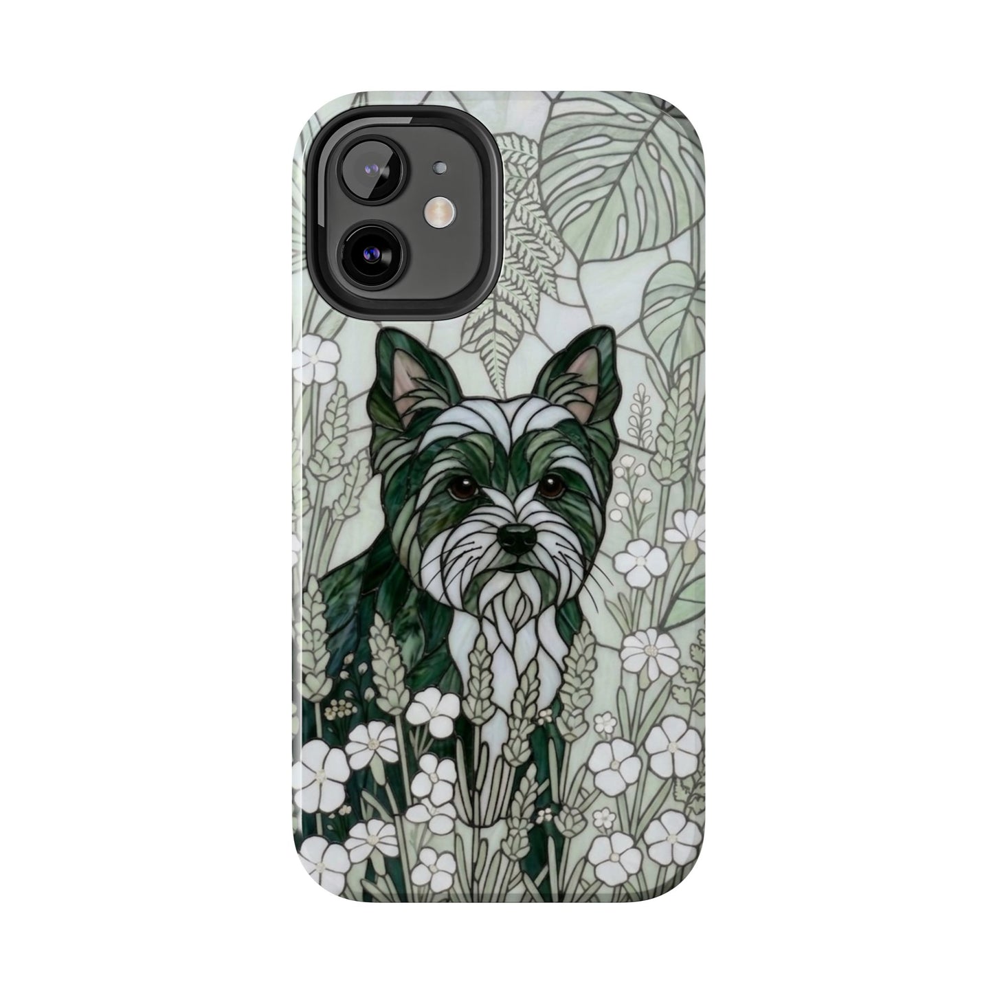 Yorkie Stained Glass Style Tough Case — Botanical Green Theme