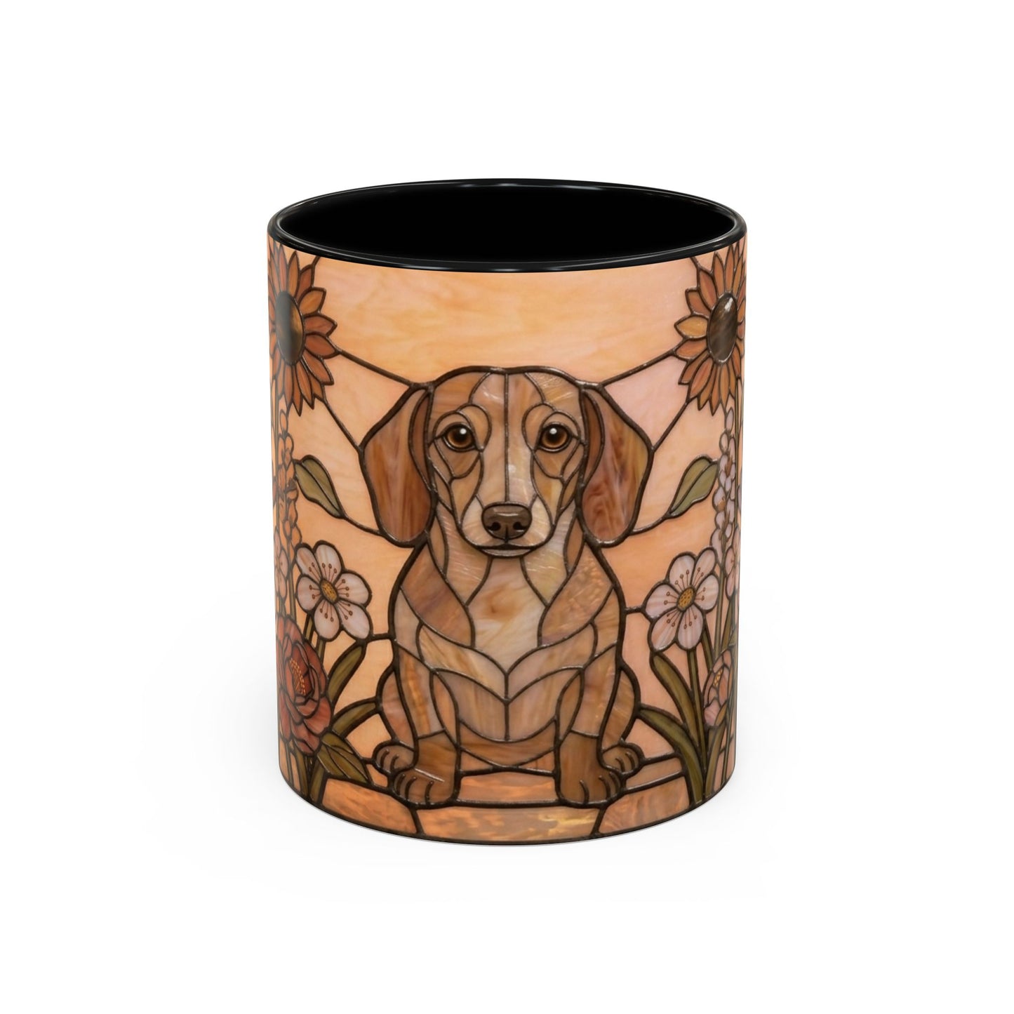 Decorative mug with a dachshund and floral design on a white background