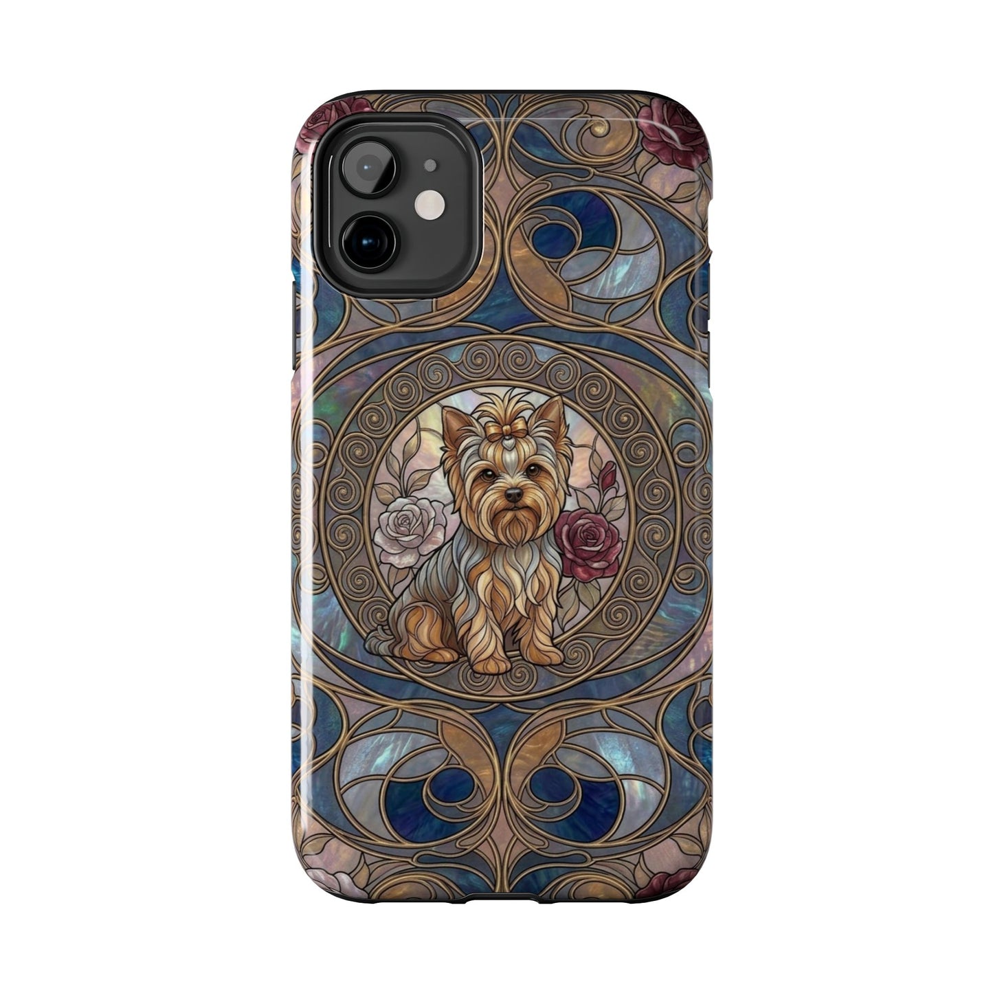 A phone case featuring a detailed illustration of a Yorkshire Terrier dog in a circular frame, surrounded by ornate Art Nouveau-style floral and scrollwork patterns in blue, gold, and pink tones.