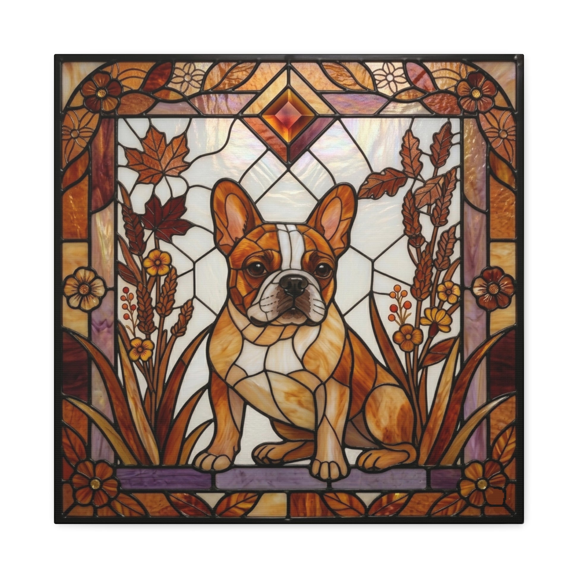 Stained glass artwork of a dog surrounded by flowers and leaves