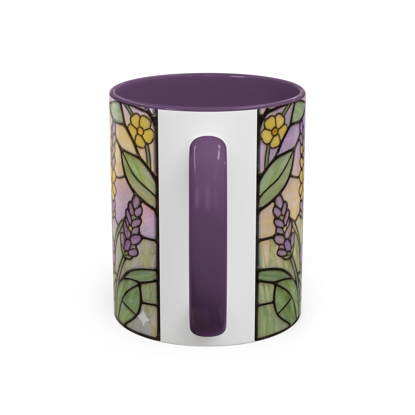 Mug with floral design and purple accents on a white background
