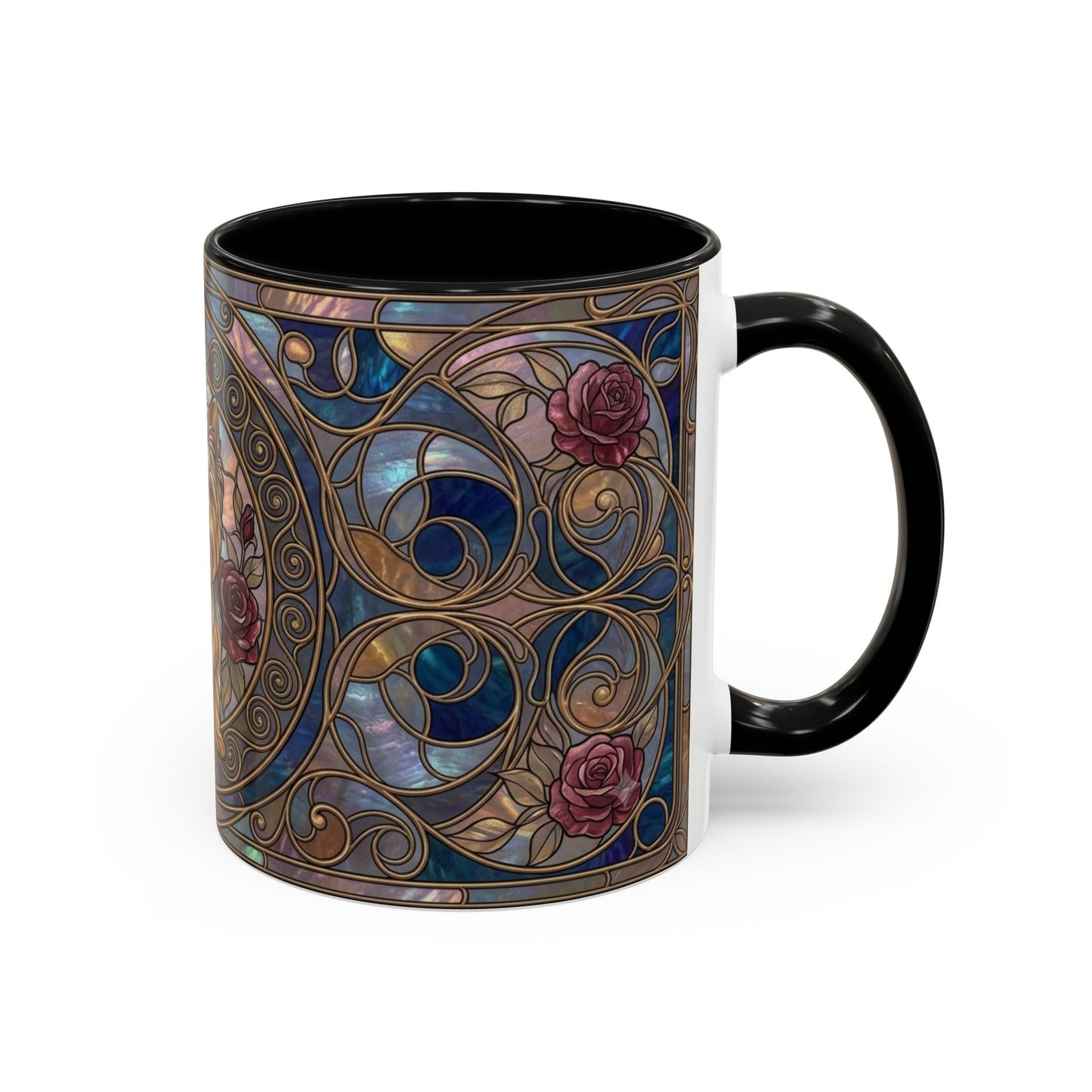 A ceramic mug with a black handle and interior, featuring an ornate Art Nouveau style stained-glass pattern in blue, gold, and pink on the exterior, shown on a white background.
