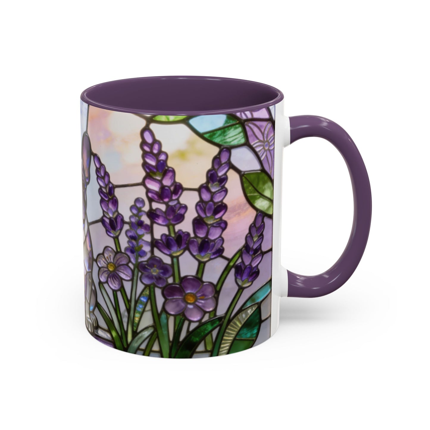 Mug with a floral design and purple handle on a white background