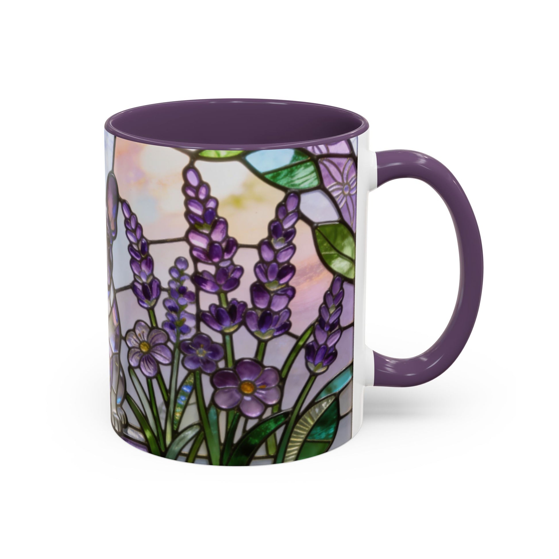 Mug with a floral design and purple handle on a white background