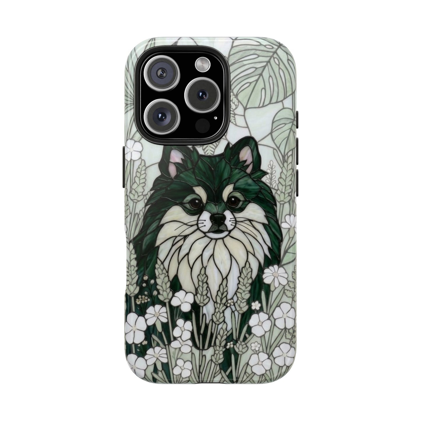 Pomeranian Stained Glass Style Tough Case — Botanical Green Theme