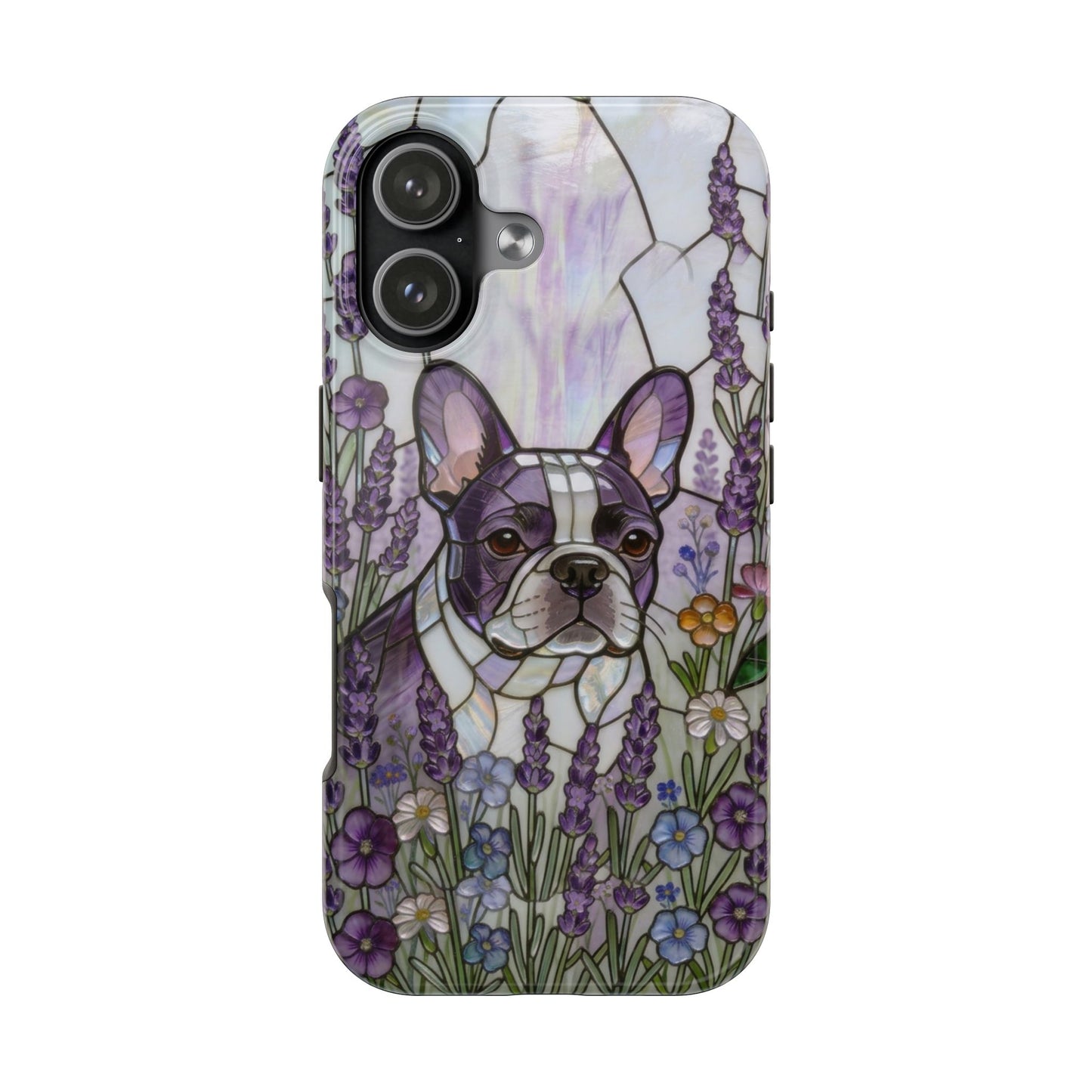 Frenchie Stained Glass Style Tough Case —Lavender Floral Theme