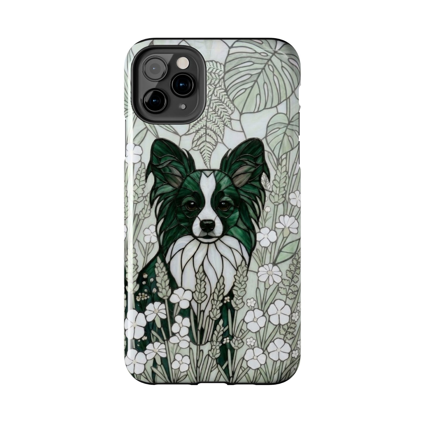 Phone case with a green and white dog illustration on a floral background