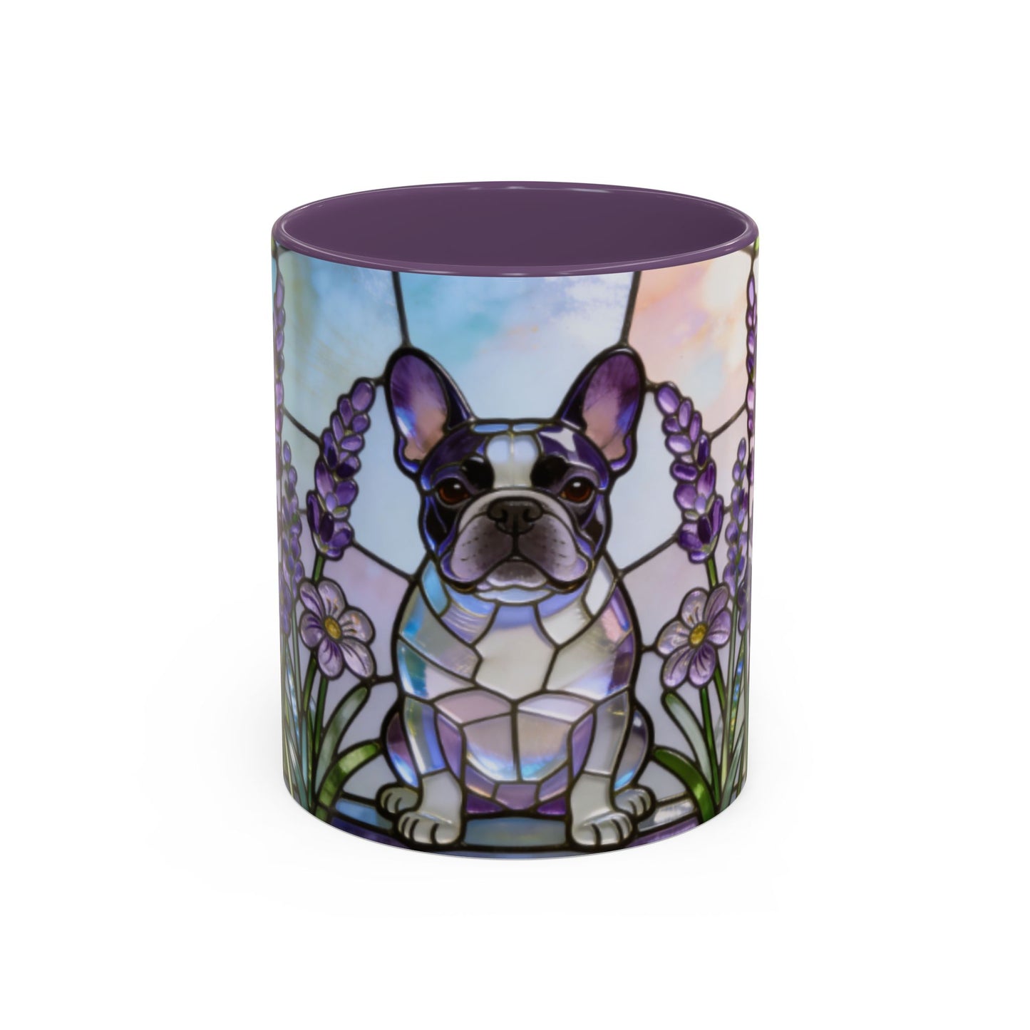 Decorative mug with a dog and lavender design on a white background