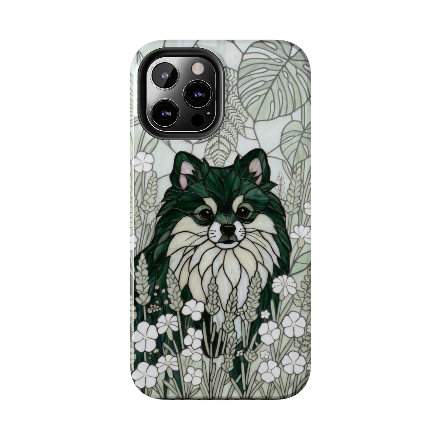 Pomeranian Stained Glass Style Tough Case — Botanical Green Theme
