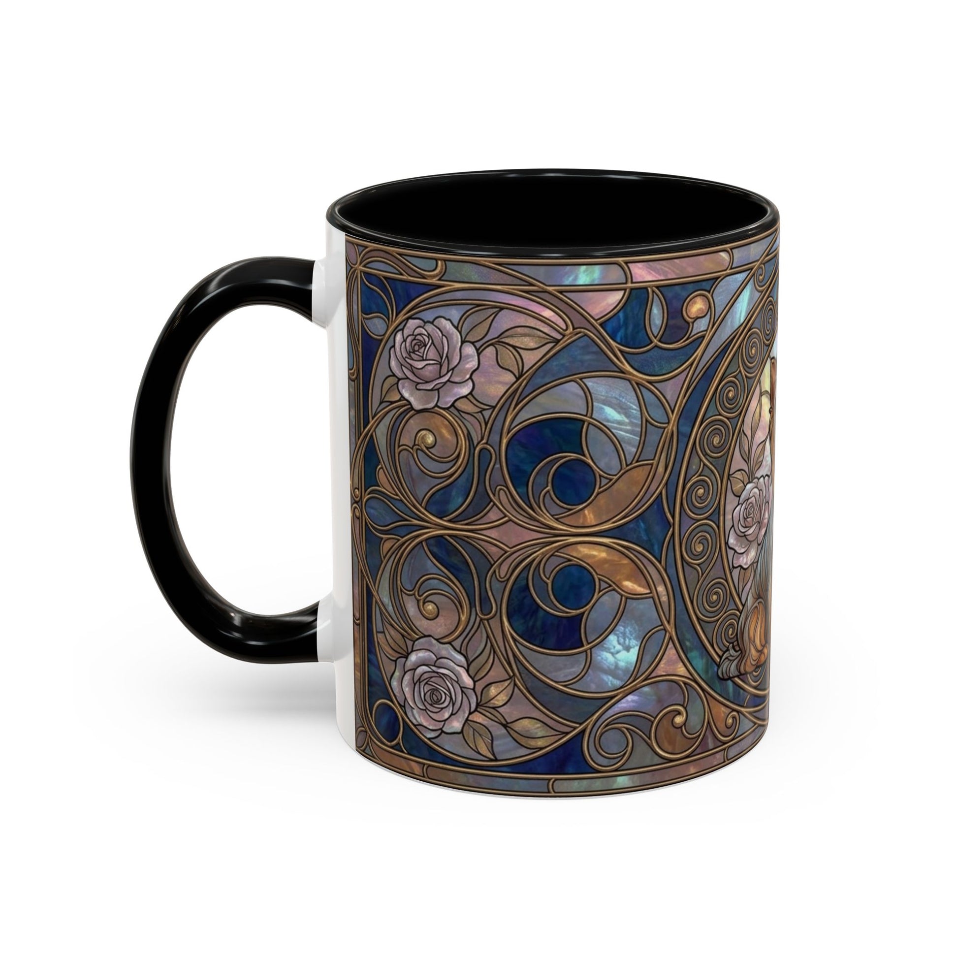 A ceramic mug with a black handle and interior, featuring an Art Nouveau stained-glass style design on the exterior with blue, gold, and pink rose motifs.