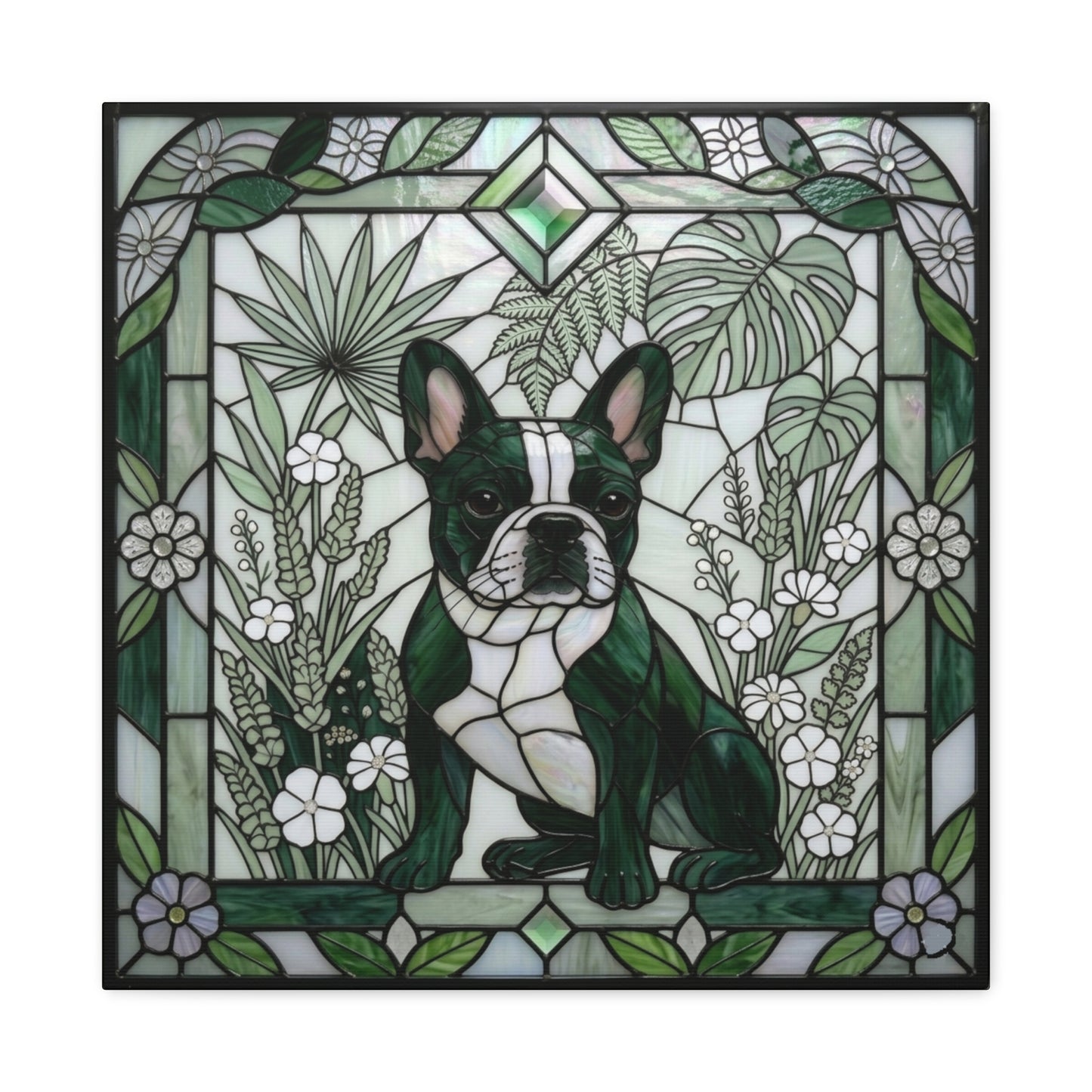 Stained glass artwork of a dog surrounded by foliage and flowers