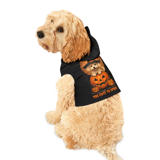 Dog wearing a Halloween-themed black vest with a pumpkin design on a white background