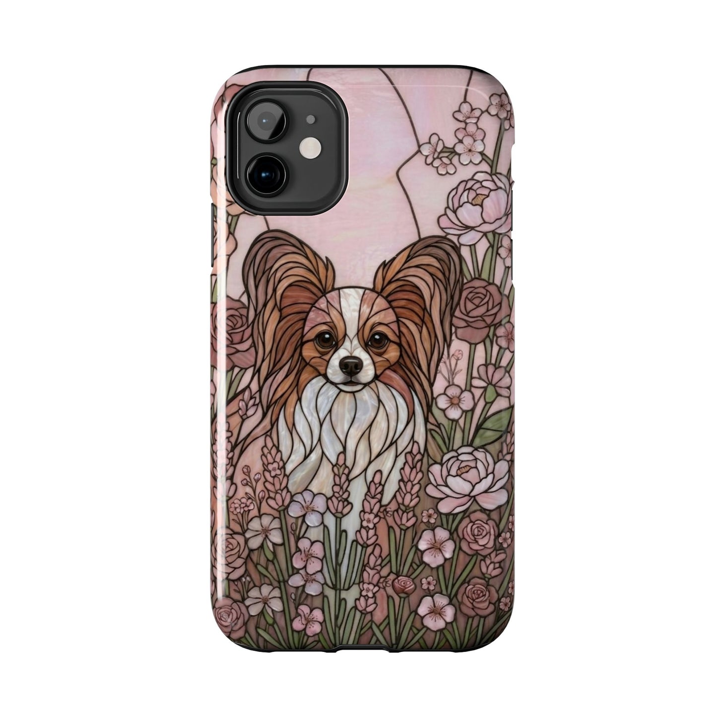 Phone case with a dog illustration and floral design on a white background
