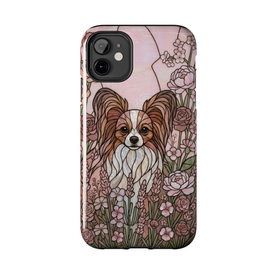 Phone case with a dog illustration and floral design on a white background