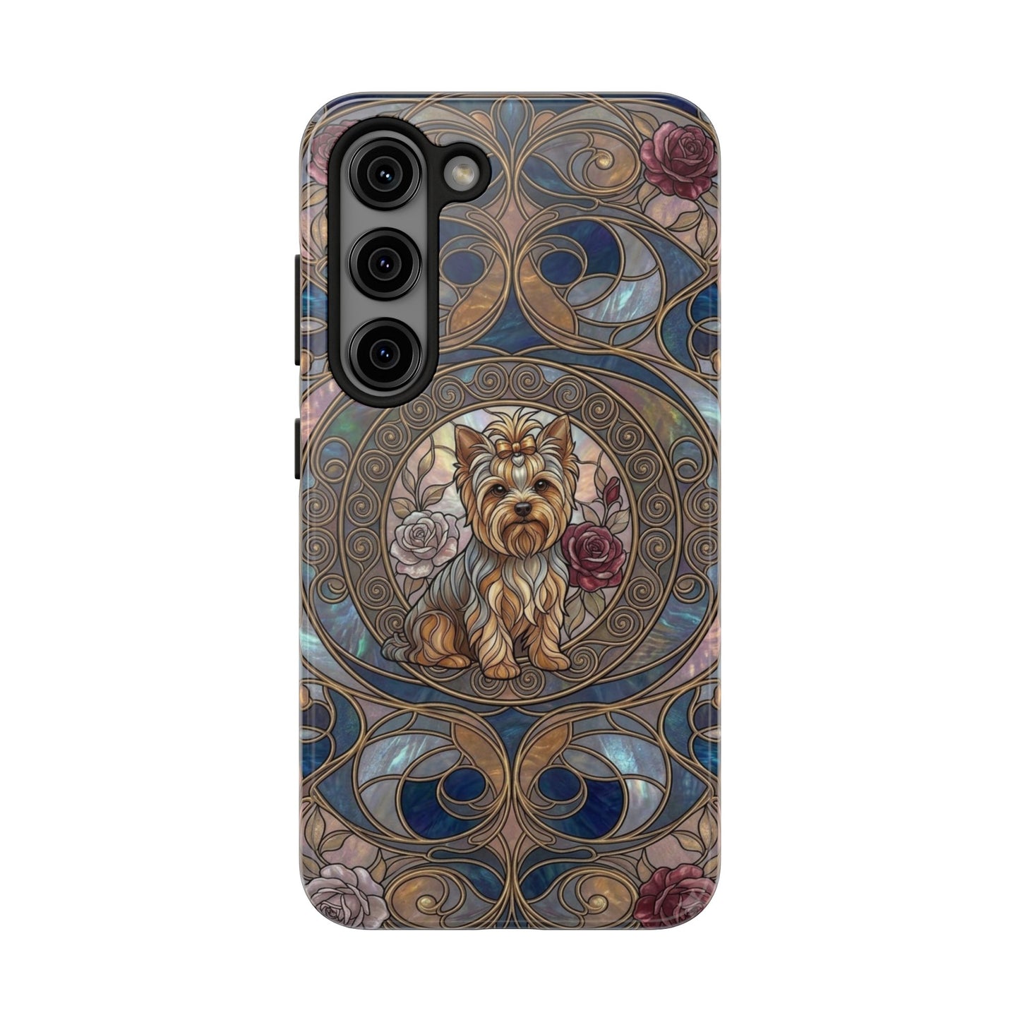 Yorkie Stained Glass Style Midnight Rose Tough Phone Case