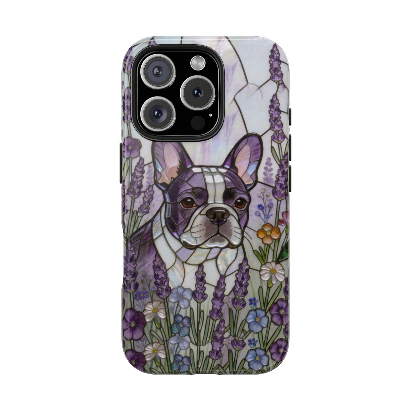 Frenchie Stained Glass Style Tough Case —Lavender Floral Theme