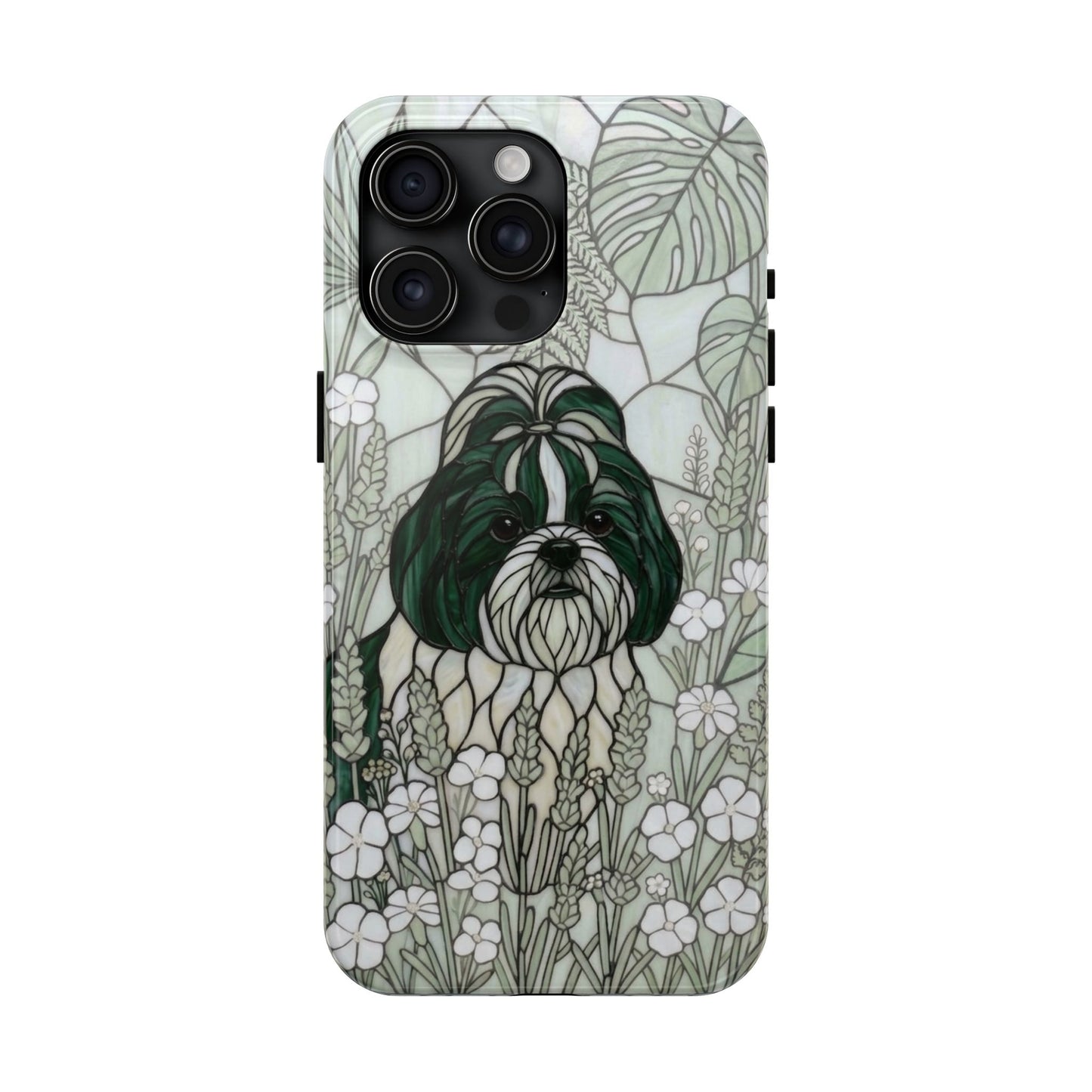 Shih Tzu Stained Glass Style Tough Case — Botanical Green Theme