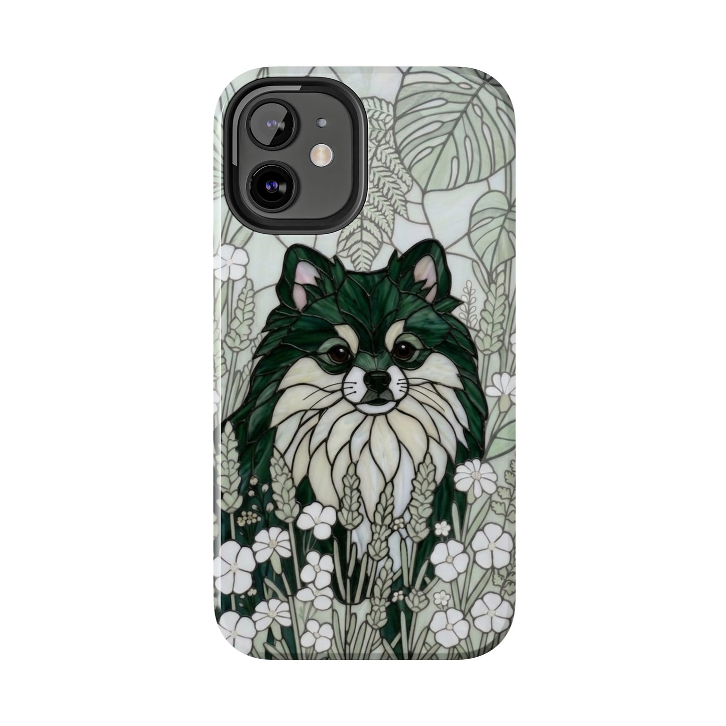Pomeranian Stained Glass Style Tough Case — Botanical Green Theme