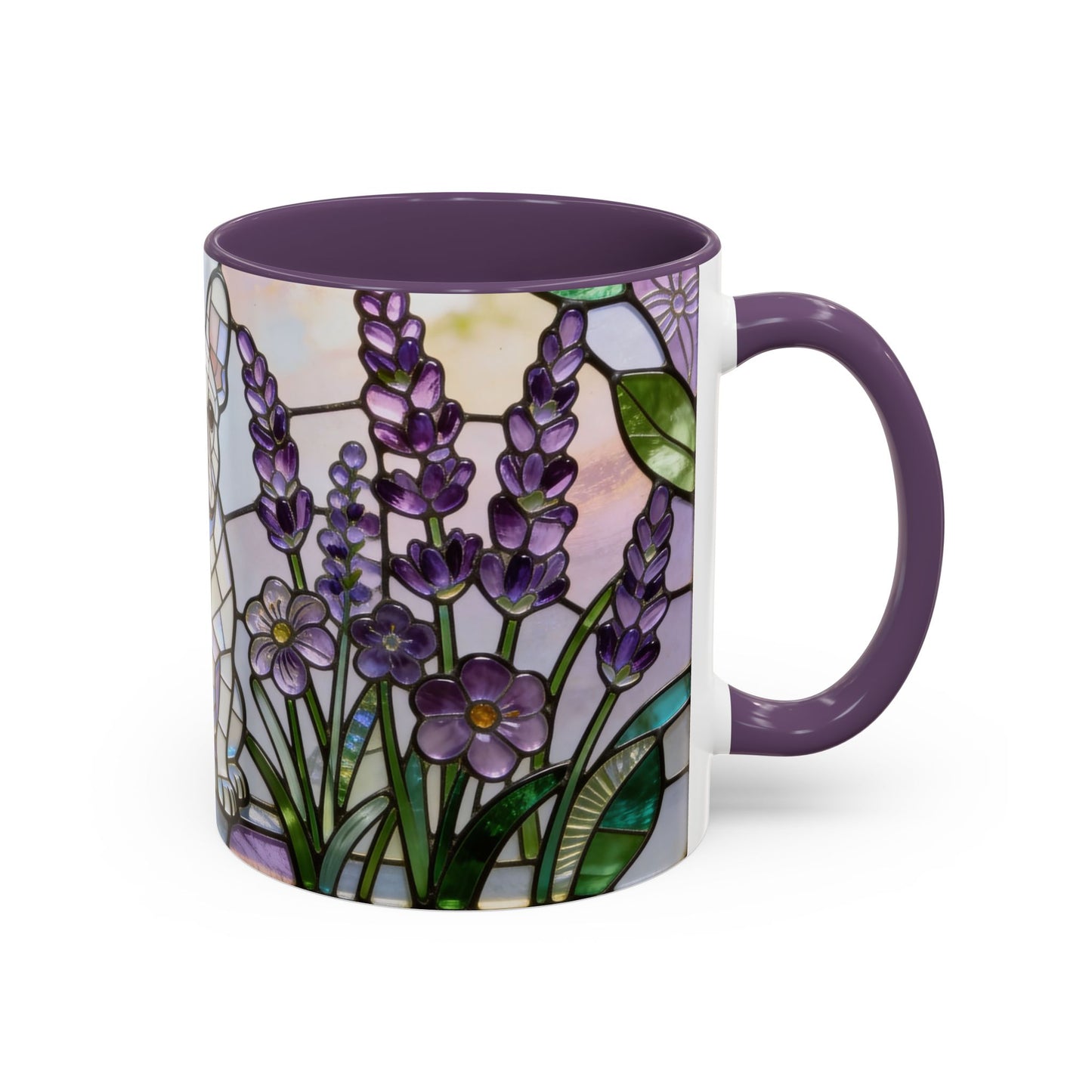 Stained glass French Bulldog mug with elegant purple florals. 