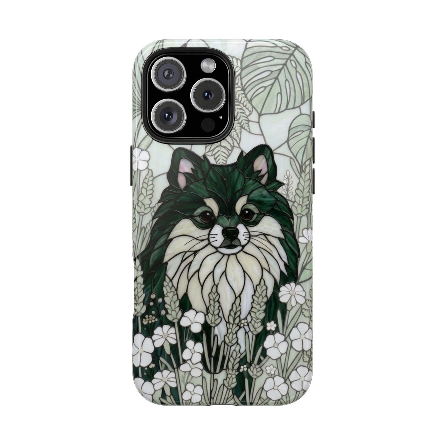 Pomeranian Stained Glass Style Tough Case — Botanical Green Theme