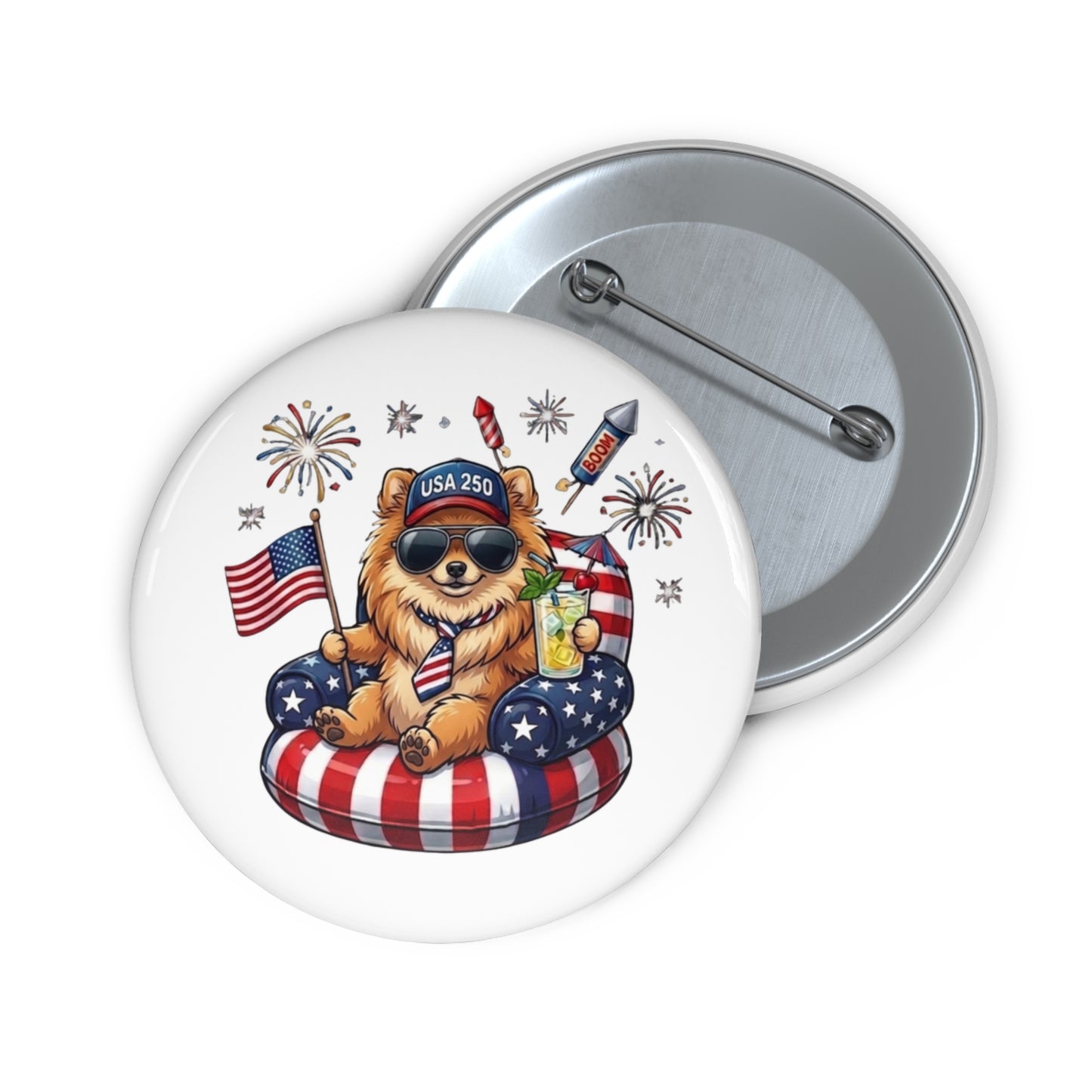 Button badge with a dog wearing sunglasses and an American flag hat, surrounded by fireworks and an American flag.