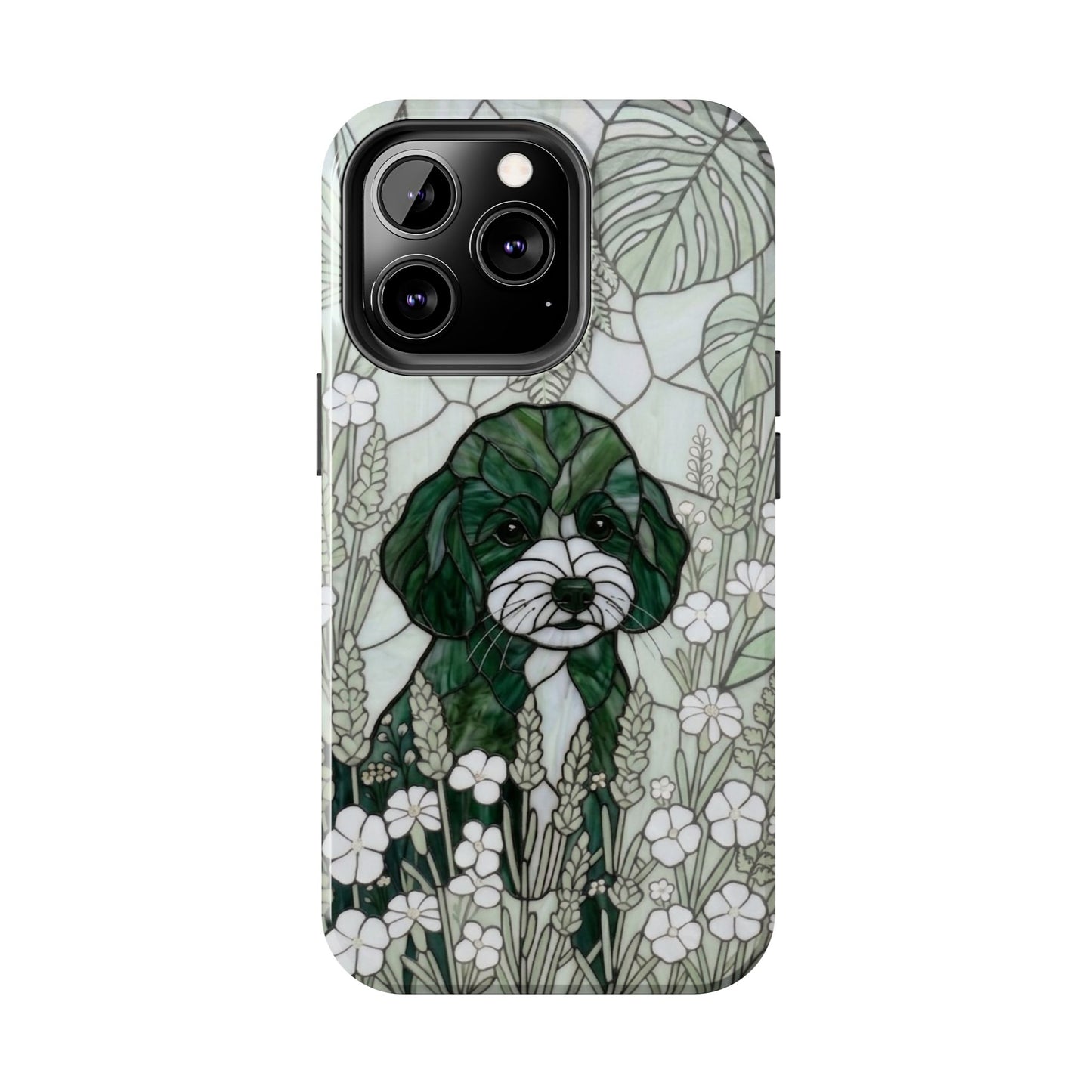 Toy Poodle Stained Glass Style Tough Case — Botanical Green Theme