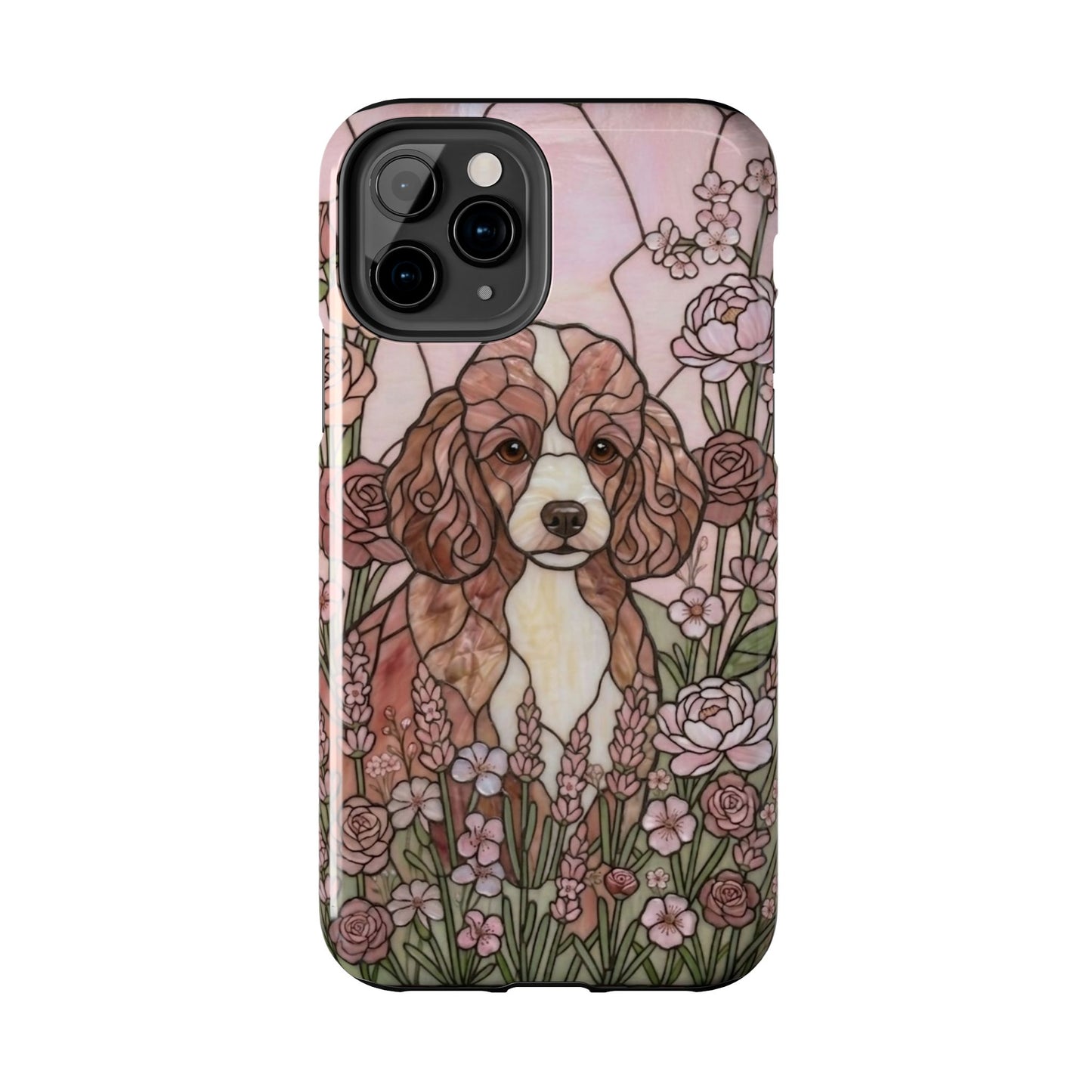 Phone case with raccoon illustration and floral design on a white background