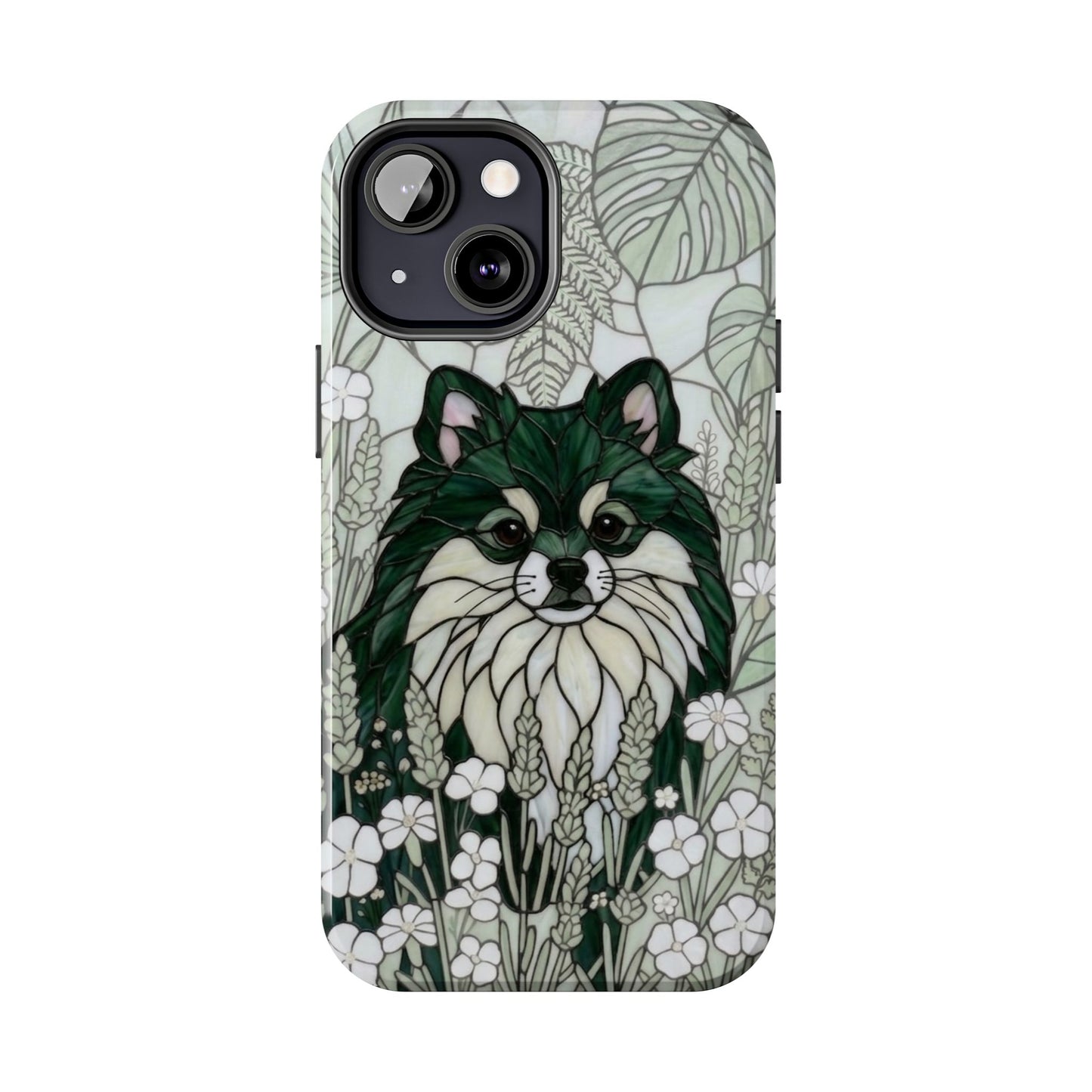 Pomeranian Stained Glass Style Tough Case — Botanical Green Theme