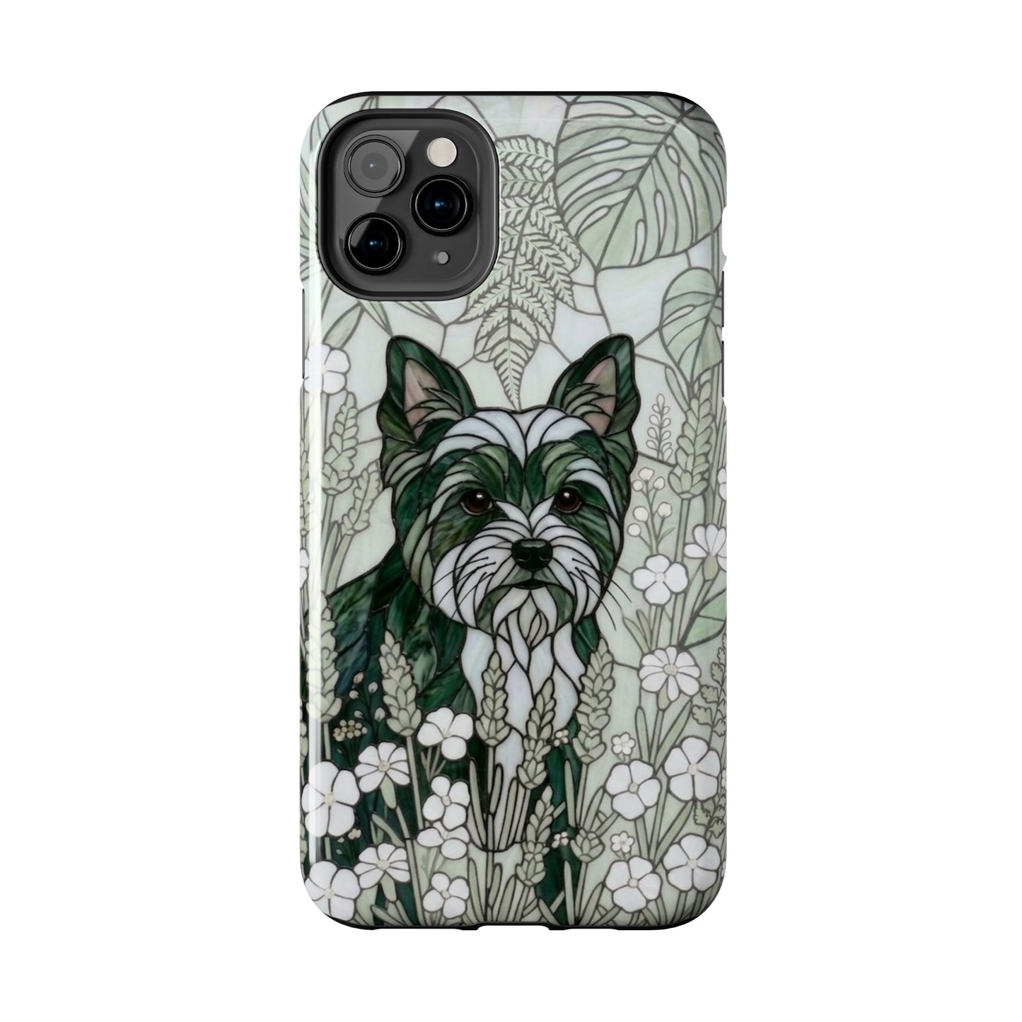 Phone case with a dog illustration on a floral and leaf patterned background