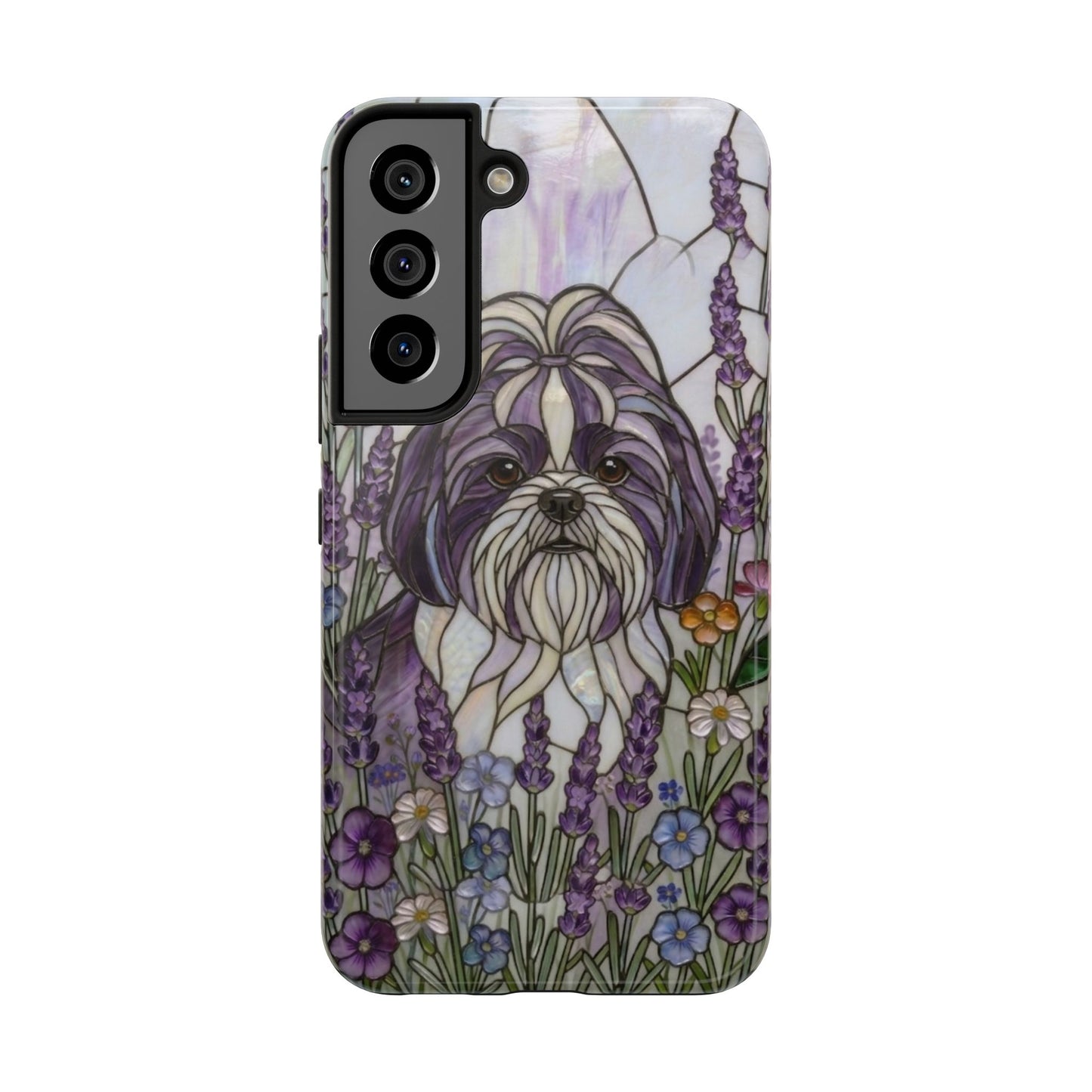 Shih Tzu Stained Glass Style Tough Case — Lavender Floral Theme