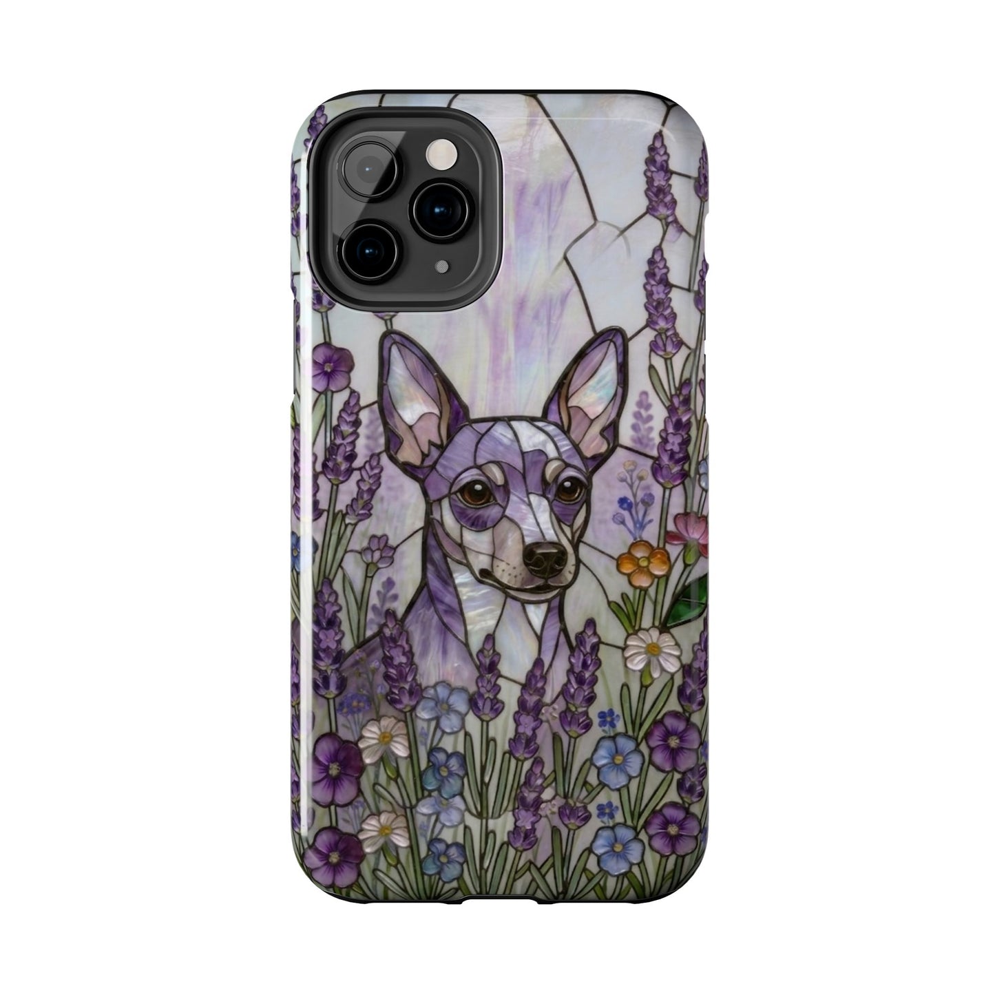 Phone case with a dog illustration surrounded by flowers on a white background