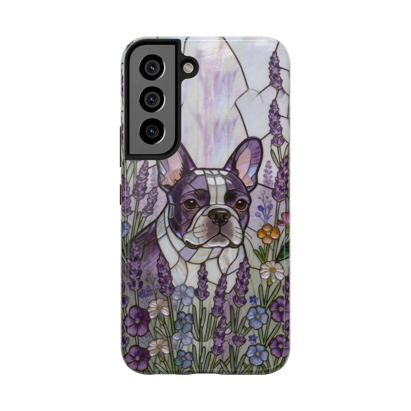 Frenchie Stained Glass Style Tough Case —Lavender Floral Theme