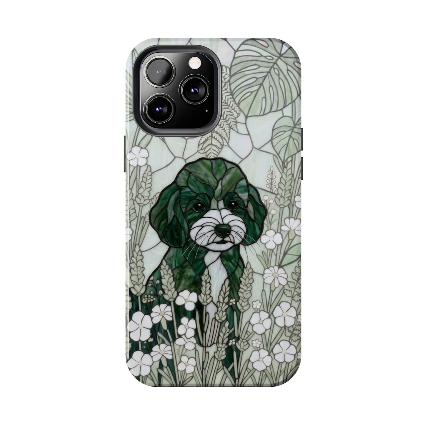 Toy Poodle Stained Glass Style Tough Case — Botanical Green Theme