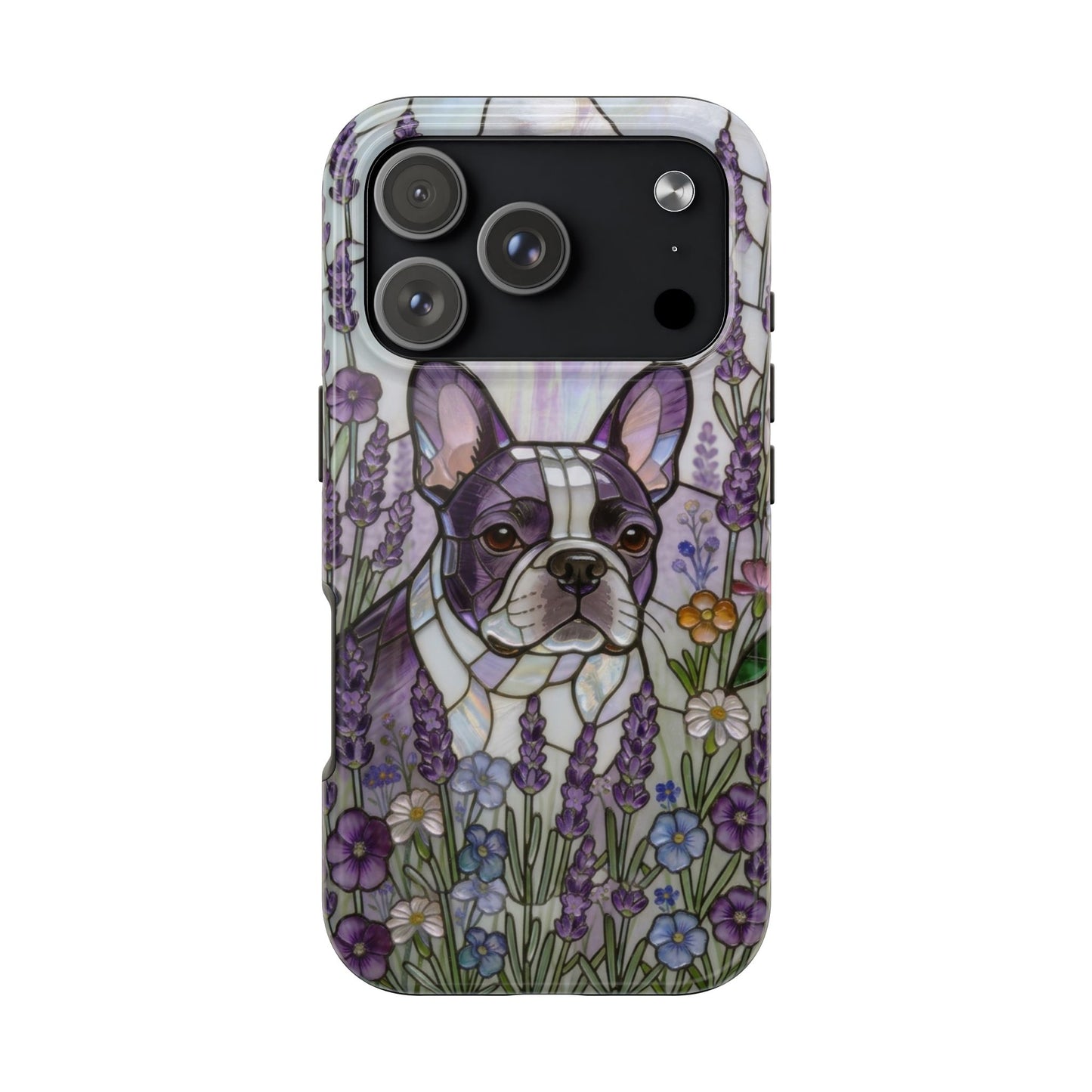 Frenchie Stained Glass Style Tough Case —Lavender Floral Theme
