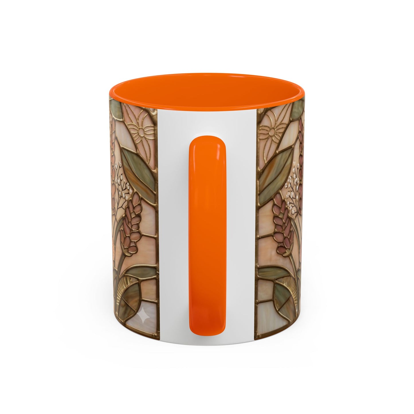 Mug with floral pattern and orange accents on a white background
